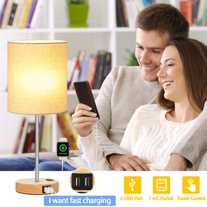 𝟮𝟬𝟮𝟯 𝗡𝗘𝗪 Touch Wood Table Lamps Set of 2, Bedroom Lamps with 2 USB & AC Outlet, 3-Way Dimmable Bedside Nightstand Lamps for Bedroom Living Room Nursery, 800 Lumens 2700K Bulbs Included