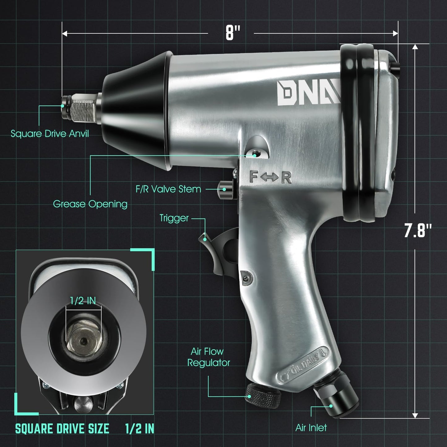 DNA MOTORING 17Pc Air Tool Kit 1/2-Inch Pneumatic Air Impact & Ratchet Wrench Kit Torque Wrench for Repairs, w/Case, Sliver/Black, TOOLS-00530 - WoodArtSupply