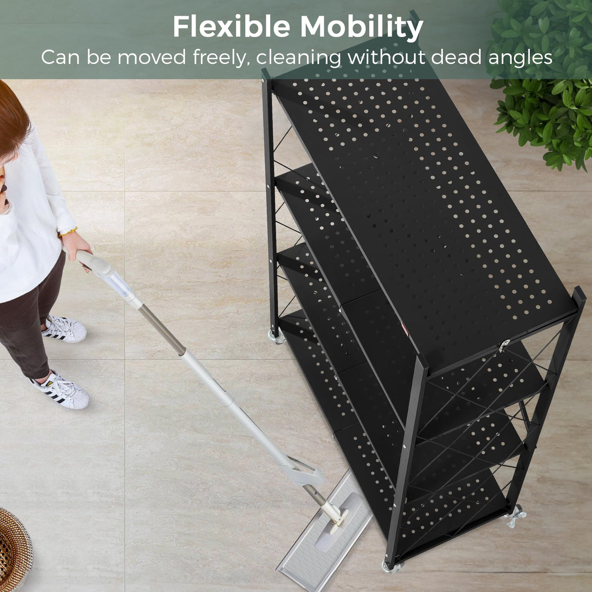 DEANIC 4 Tier Foldable Storage Shelves with Wheels, Large Capacity Shelving Unit, Freestanding Metal Wire Shelf Rack, No Assembly Organizer Rack for Garage Kitchen, Basement, Pantry(Black Pack of 2) DEANIC