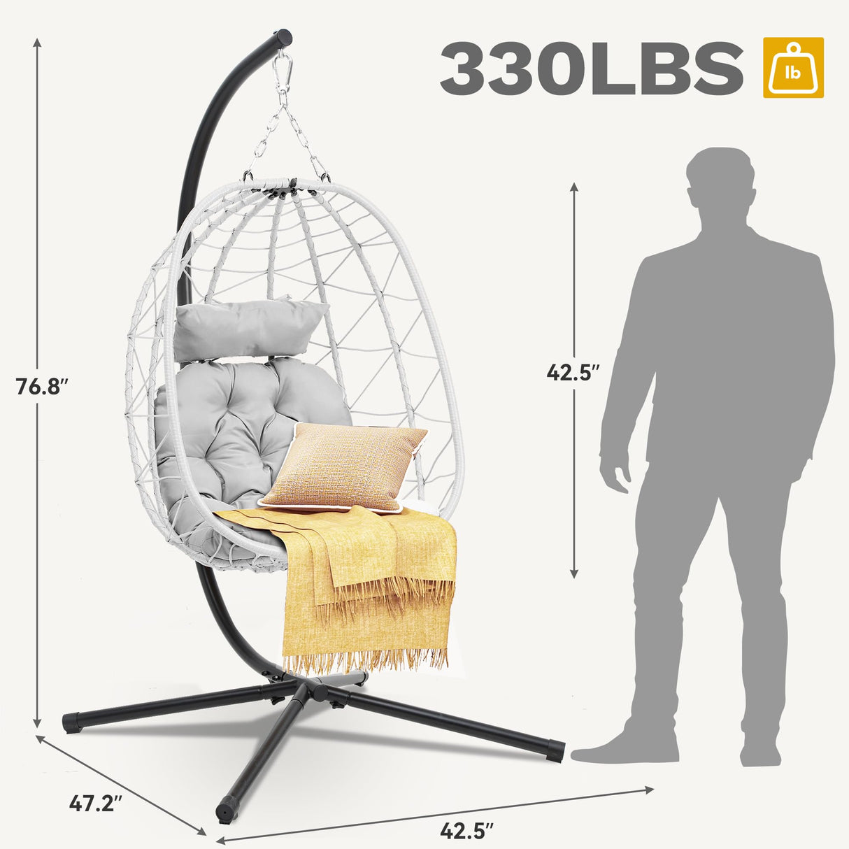 DWVO Egg Hanging Swing Chair with Stand Egg Chair Wicker Egg Chair with Cushions 330lbs for Patio, Bedroom, Garden and Balcony, Light Gray DWVO