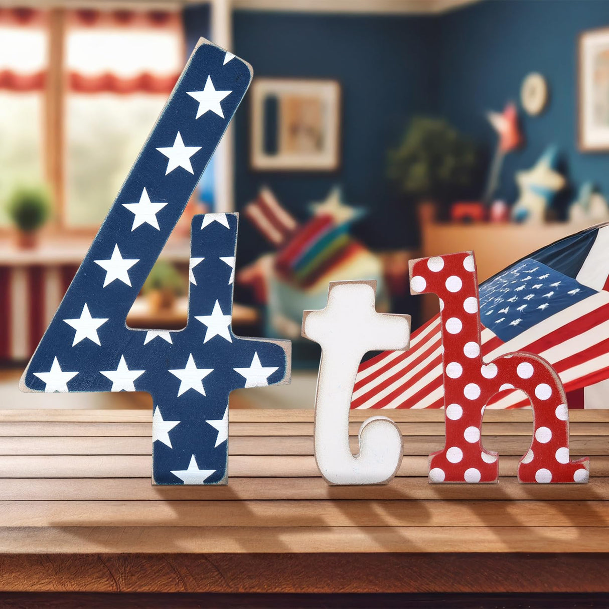 Simgoing 3 Pcs 4th of July Table Decoration Patriotic Wood Letter Memorial Day Wooden Sign Tiered Tray Decor Red White and Blue Decorations for Independence Day Farmhouse Table Home Tabletop Bookshelf Simgoing