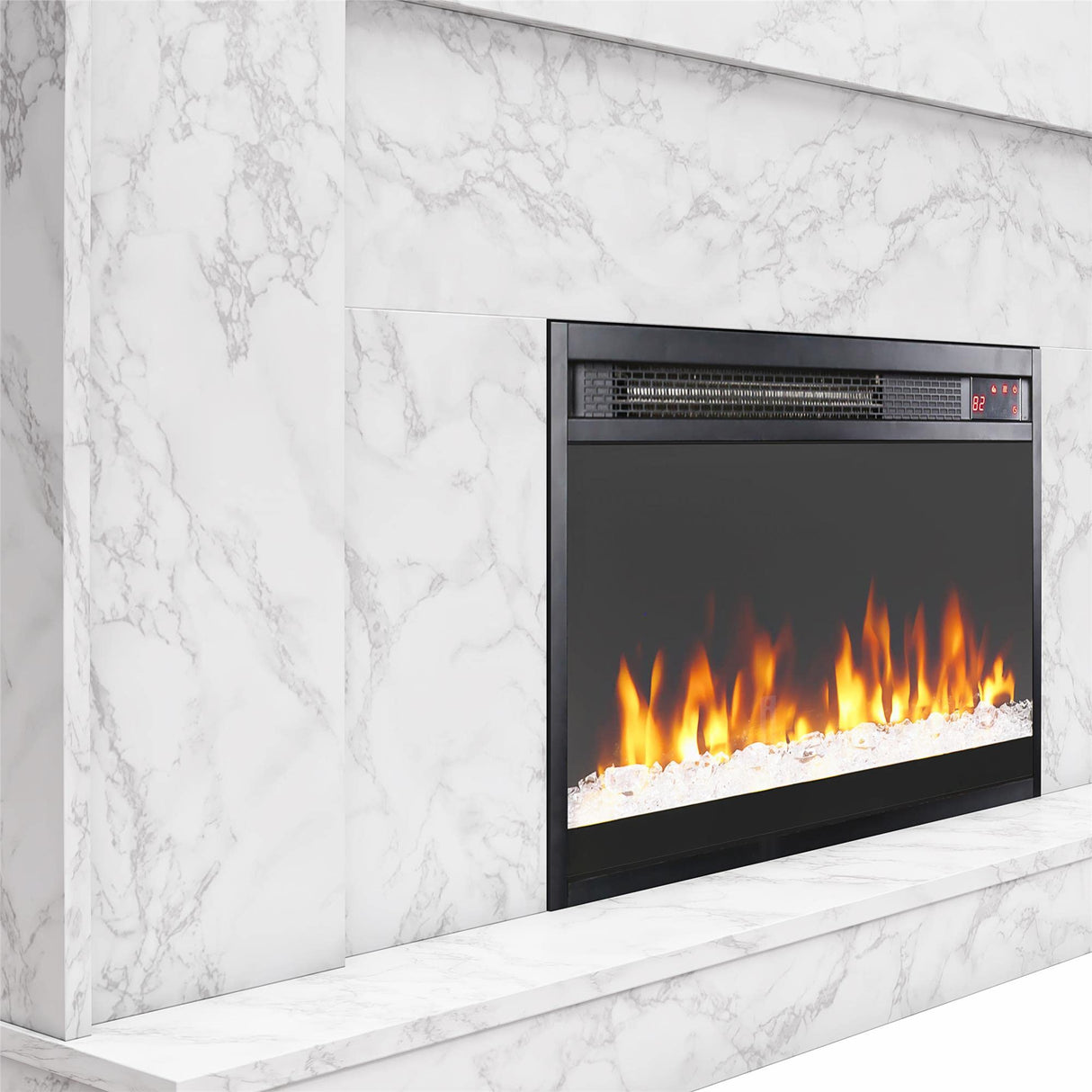 CosmoLiving by Cosmopolitan Liberty 52 Inch Electric Fireplace with Mantel, Replaceable Fireplace Insert Heater, Remote Control, Timer, Color Changing Crystal Ember Flames, White Marble CosmoLiving by Cosmopolitan