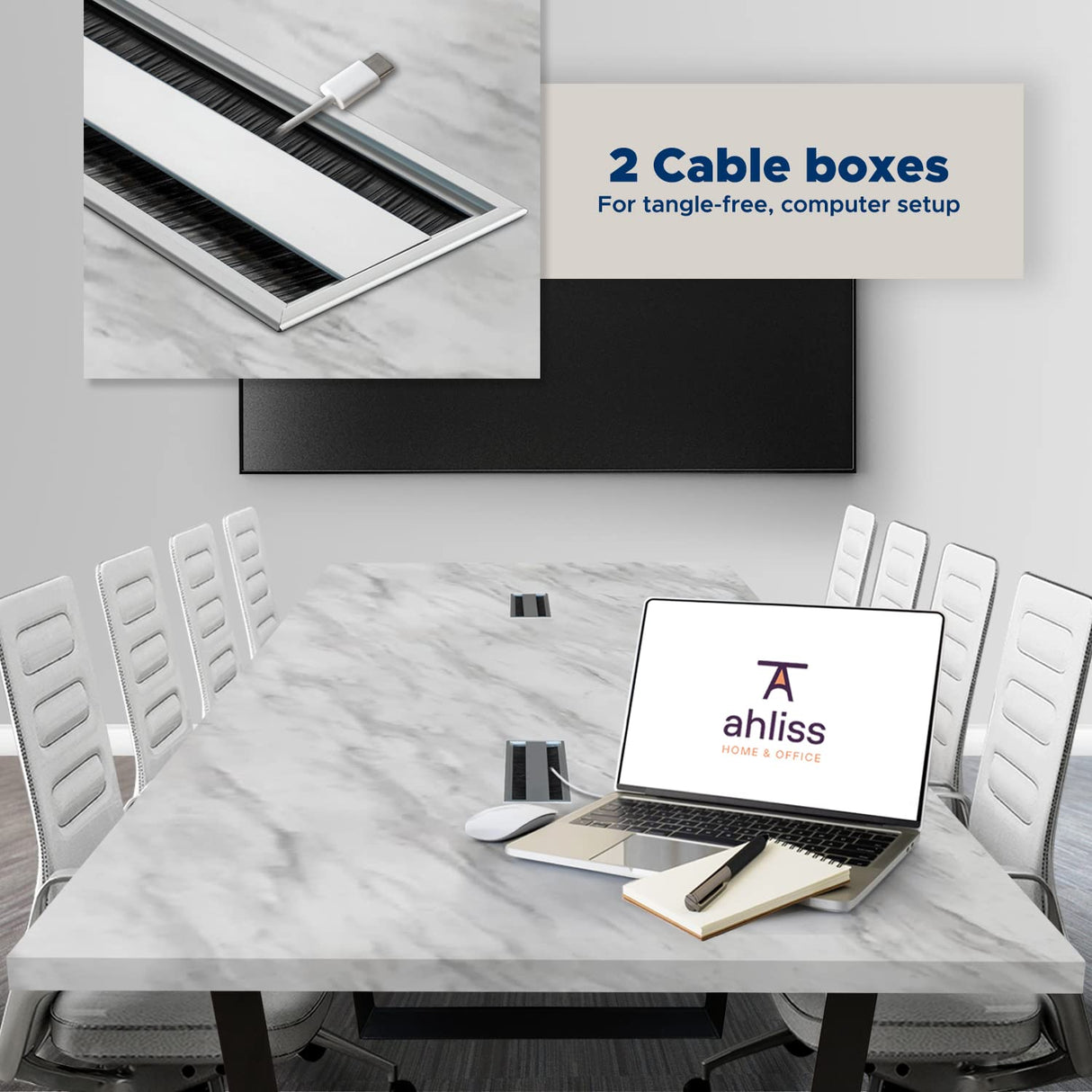 ahliss Sturdy Conference Table with Cable Management Grommets Modern Rectangle Office Meeting Table with Wood Tabletop and Metal Frame & Legs- Easy Assembly Boardroom Table (White Marble, 8 Foot) ahliss