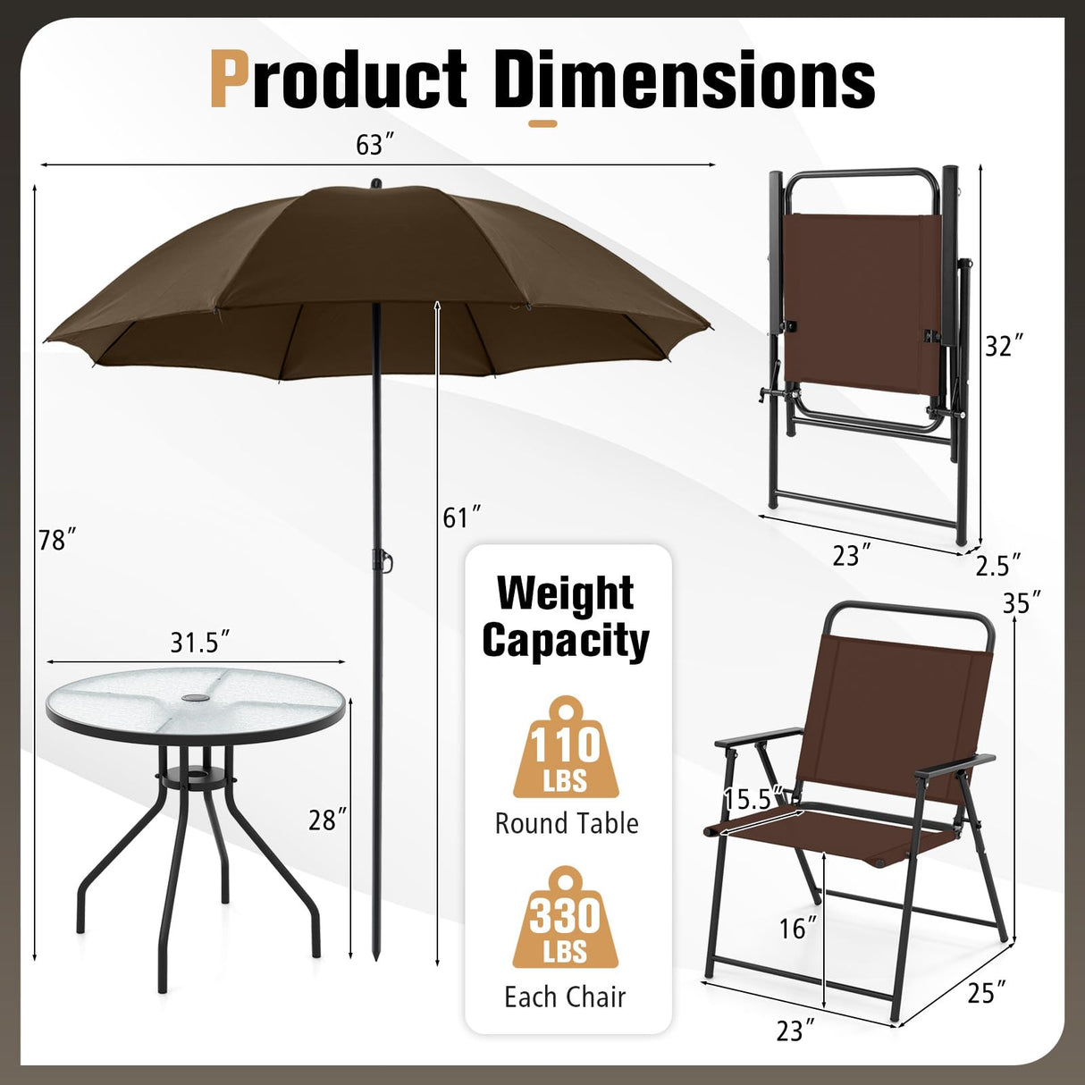 Tangkula 6 Pieces Folding Patio Dining Set, 4 Chairs and 31.5 inches Round Table, Patio Umbrella Included, for Indoor Outdoor Poolside or Balcony (Brown) Tangkula