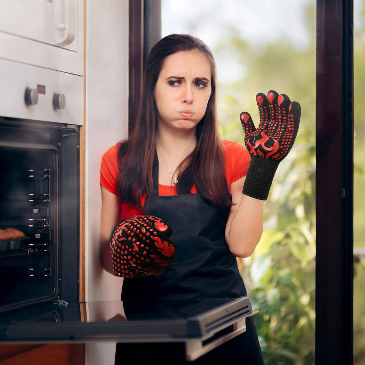 HexinYigjly 1 Pair/2 Pieces BBQ Gloves, Grilling Gloves, Heat Resistant Barbecue Oven Gloves, 1472°F/800°C Kitchen Fireproof Mitts Heat Proof for Grilling, Baking, Cooking, Welding Gloves Mitts - Red HexinYigjly