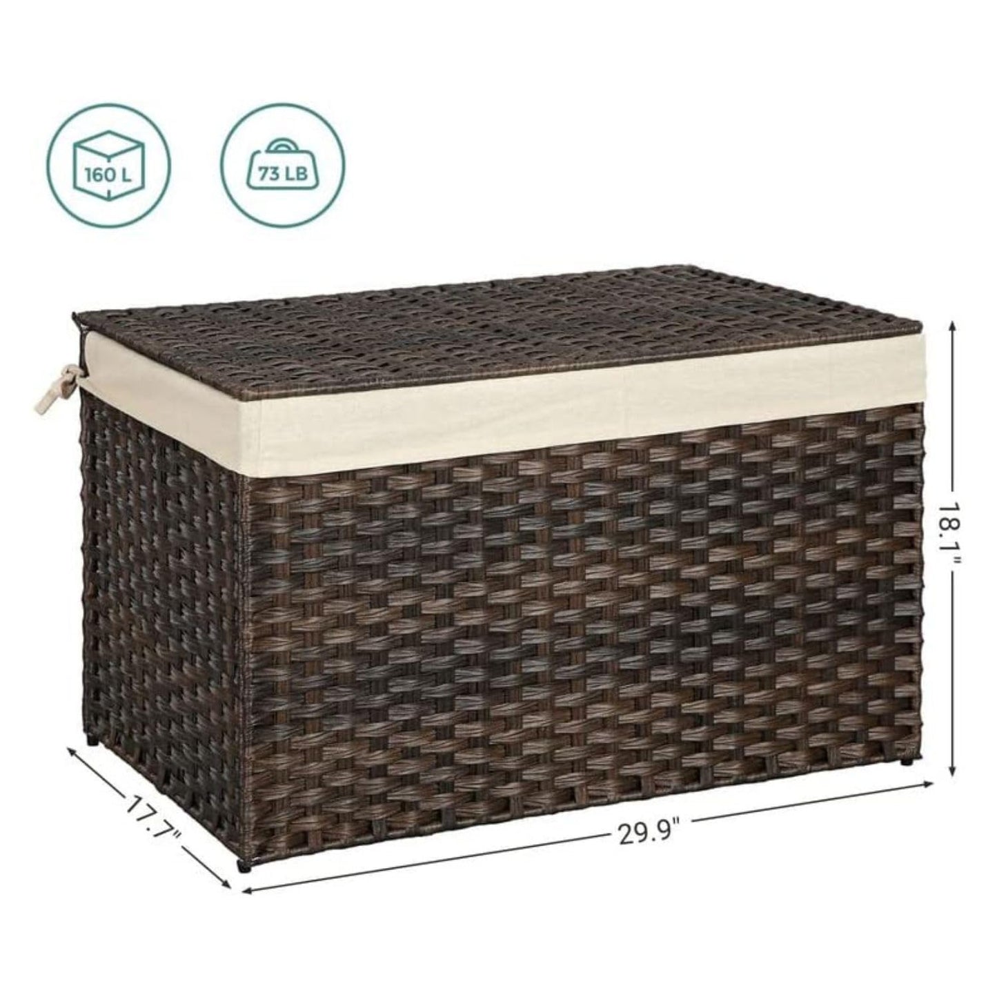 SONGMICS Storage Basket with Lid, 42.3 Gallon (160L) Storage Bin, Woven Blanket Storage Basket with Handles, Foldable, Removable Liner, Metal Frame, for Bedroom, Laundry Room, Brown URST76BR - WoodArtSupply