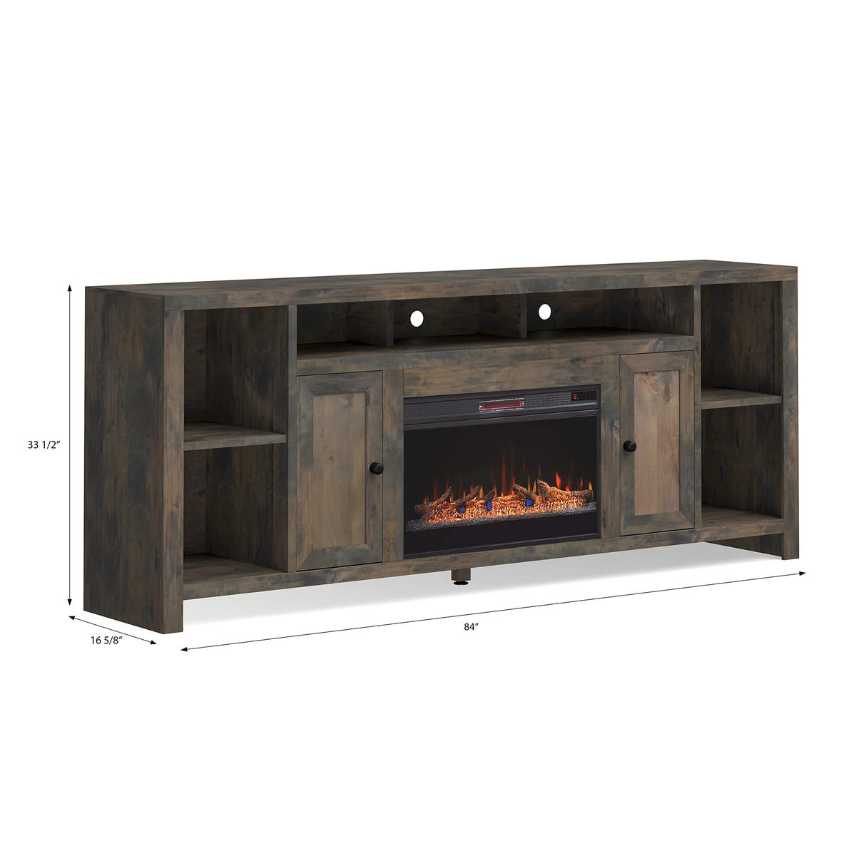 Bridgevine Home Joshua Creek Rustic 84 inch Electric Fireplace TV Stand Entertainment Center with Fireplac for 95 inch TVs, Minimal Assembly, Knotty Alder Solid Wood, Barnwood Finish Bridgevine Home