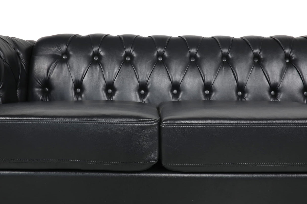 RARZOE Modern 3 Seater PU Chesterfield Sofa, Upholstered Tufted Button Leather Chesterfield Couch, Classic Faux Leather Settee with Nailhead Trim Scroll Arms for Living Room Bedroom(Black) RARZOE