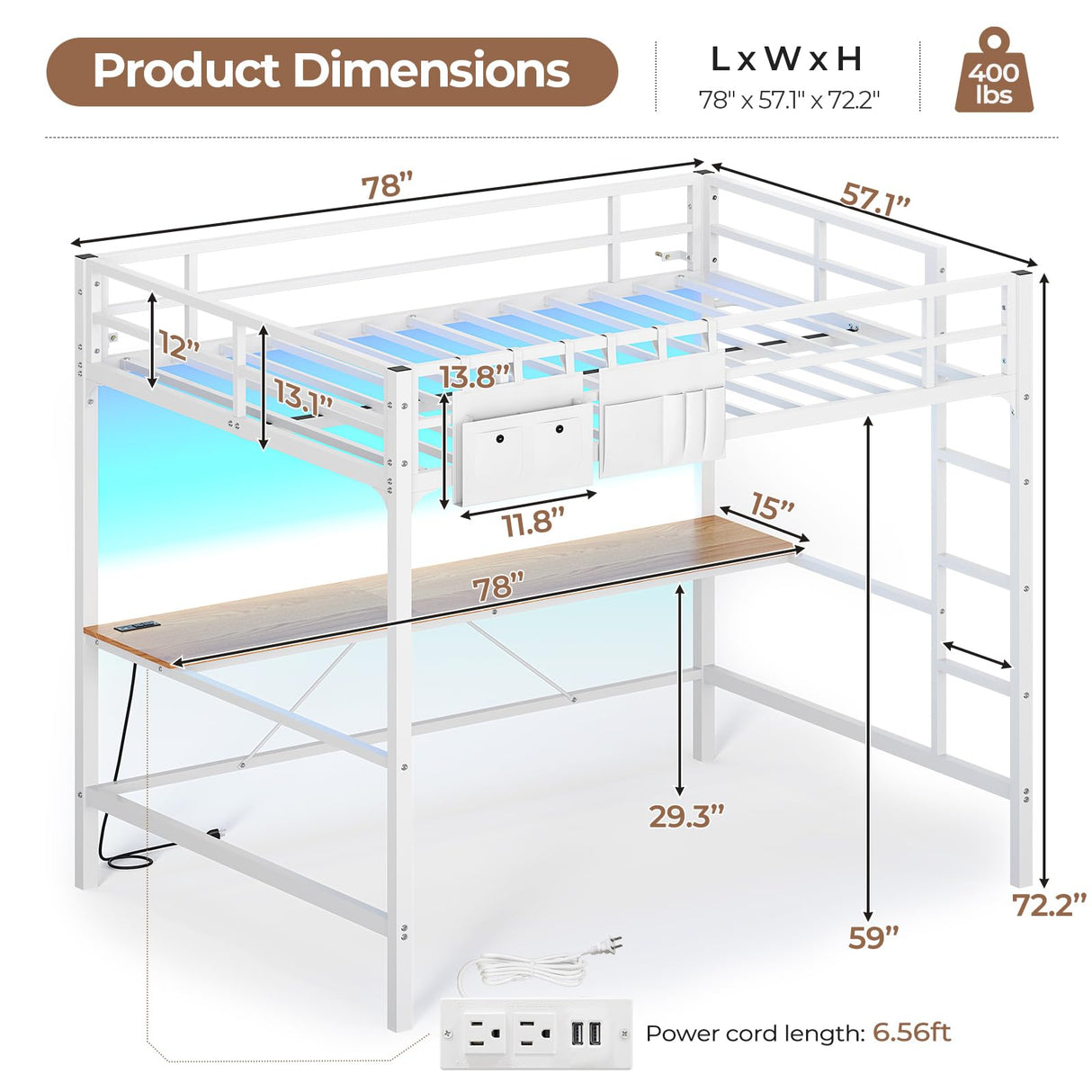 Hasuit Full Size Metal Loft Bed with Desk, LED Lights & Charging Station - Sturdy Space-Saving Bed Frame, Loft Bed Full Size Includes Safety Guard Rail & Ladder, No Box Spring Needed, Durable, White Hasuit
