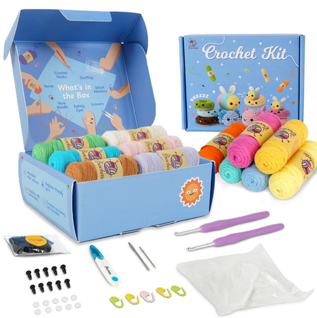 Crochetta Crochet Kit for Beginners Adults & Kids - Complete Starter Set with Crochet Hooks, Scissors, Stitch Markers + 12-Colored Yarn 22-25 Yards (10g) per Color Crochetta