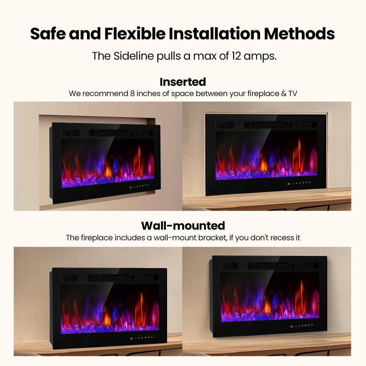 Electric Fireplace Insert 30" Realsmart 1500W Wall Mounted Fireplaces Recessed Heaters Remote Control Slim Black Fireplace Touch Screen Timer 12 Flame Colors LED Decor Low Noise RealSmart