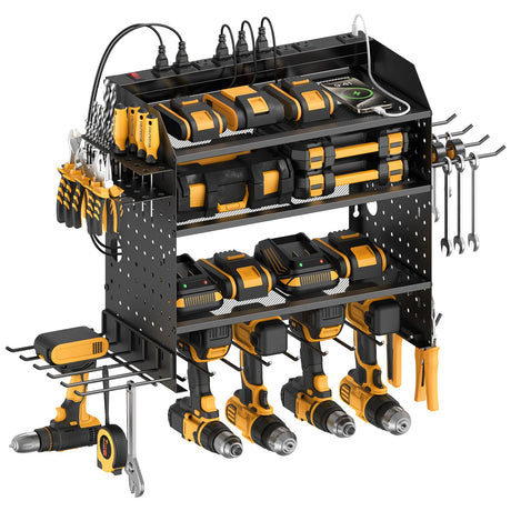 CCCEI Modular Power Tools Organizer with USB Charging Station, 4 Layer Drills and Battery Storage Wall Mount, Garage Shop Organization, Anniversary, Birthday, Gifts for Men, Father, 6FT Cord, Black. CCCEI