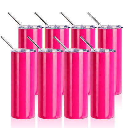 PYD Life 8 Pack Sublimation Tumblers Cups Blanks 20 OZ Skinny Straight Neon Pink Glossy with Lid and Straw for Tumbler Press Machine Sublimation Oven Sublimation Printing