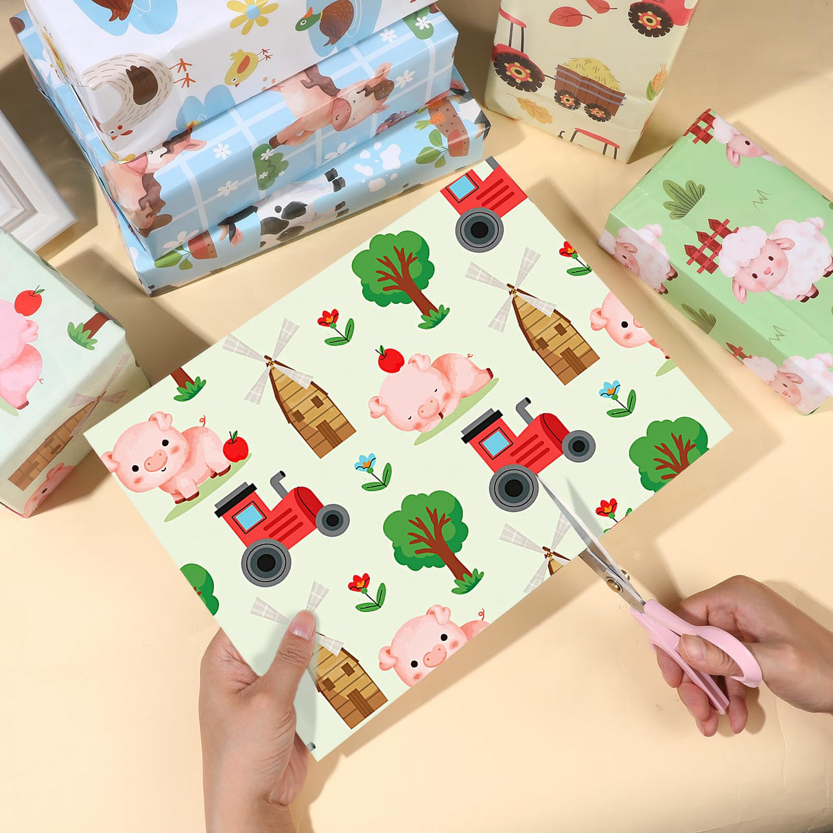 12 Sheets Farm Animal Wrapping Paper - Farmhouse Themed Gift Wrap with Pigs, Cows, Sheep, Chickens, Folded Flat Packaging Paper for Birthdays, Showers, Holidays, DIY Craft, 19.7 x 27.6 Inches Pineraap