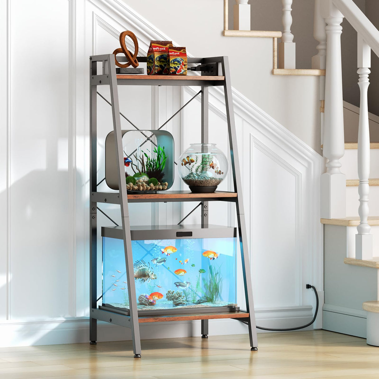 Herture 3-5.5 Gallon Fish Tank Stand with Shelf, Metal Frame Aquarium Stand with Storage and Power Outlet, for Multiple Fish Tank, 16.53" L*14.41" W Reptile Tank Rustic Brown PG11YGN Herture