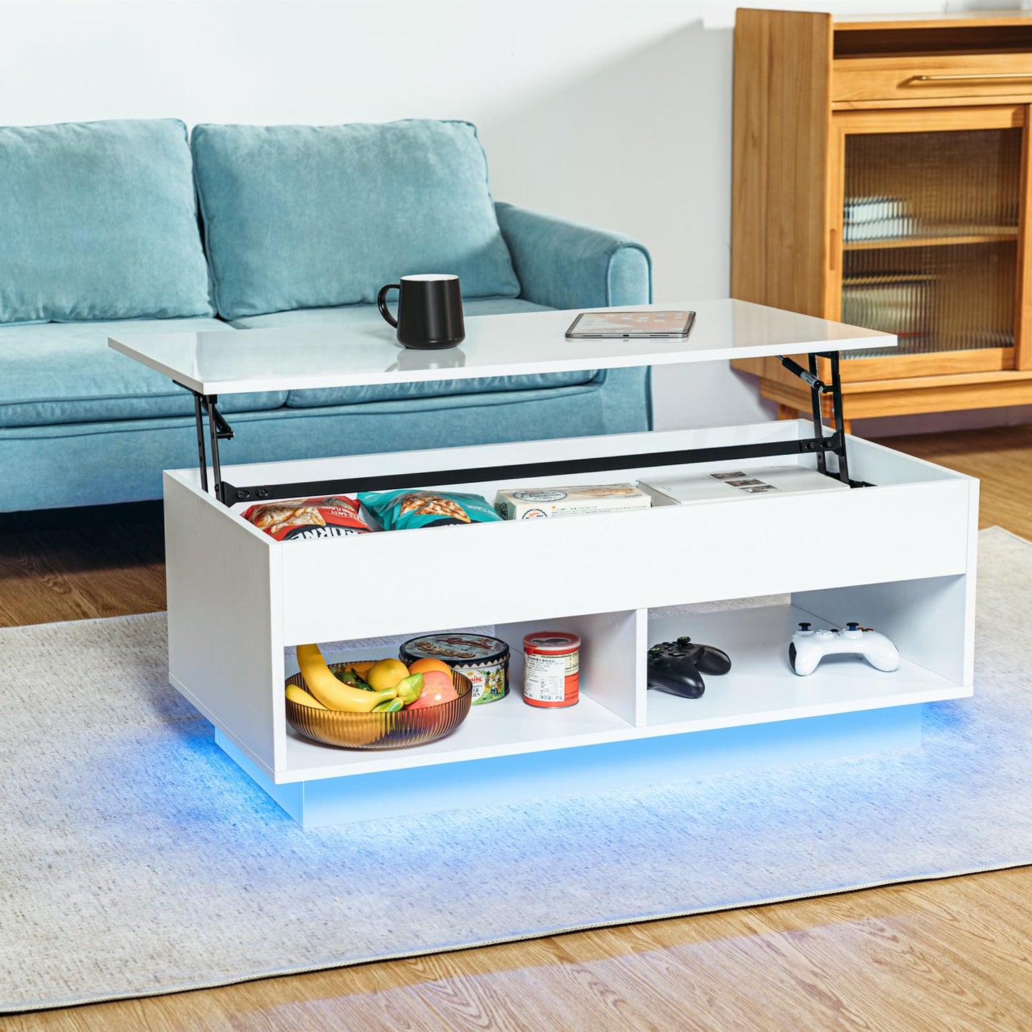 HOMMPA Modern Lift Top Coffee Table with Storage for Living Room LED Coffee Table Wodden Lift Tabletop Dining Table with Hidden Compartment and Metal Frame, White - WoodArtSupply