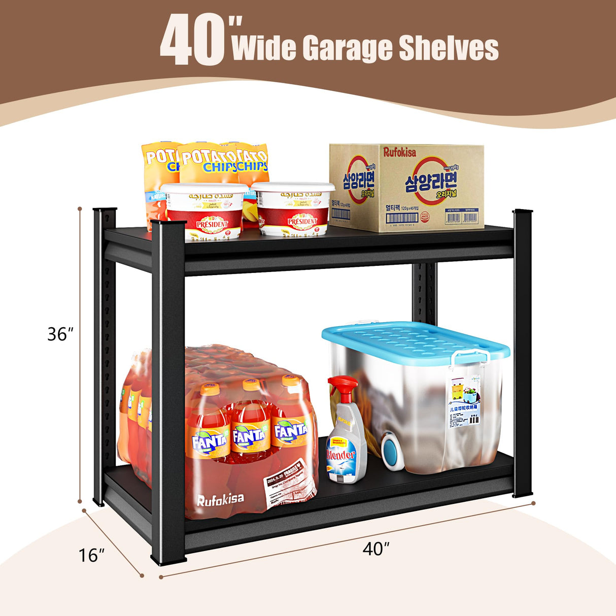 Rufokisa 40" W 2-Tier Garage Shelving Heavy Duty, 1000LBS Loads Garage Storage Shelves, Metal Shelving Units and Storage Racks, Industrial Utility Shelf Heavy Duty,40" Wx16 Dx36 H, Black Rufokisa