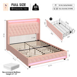 HIFIT Upholstered Full Size LED Bed Frame with Charging Station & 4 Storage Drawers, Velvet Crystal Button-Tufted Wingback Headboard, Princess Platform Bed Frames for Girls, No Box Spring Needed, Pink HIFIT