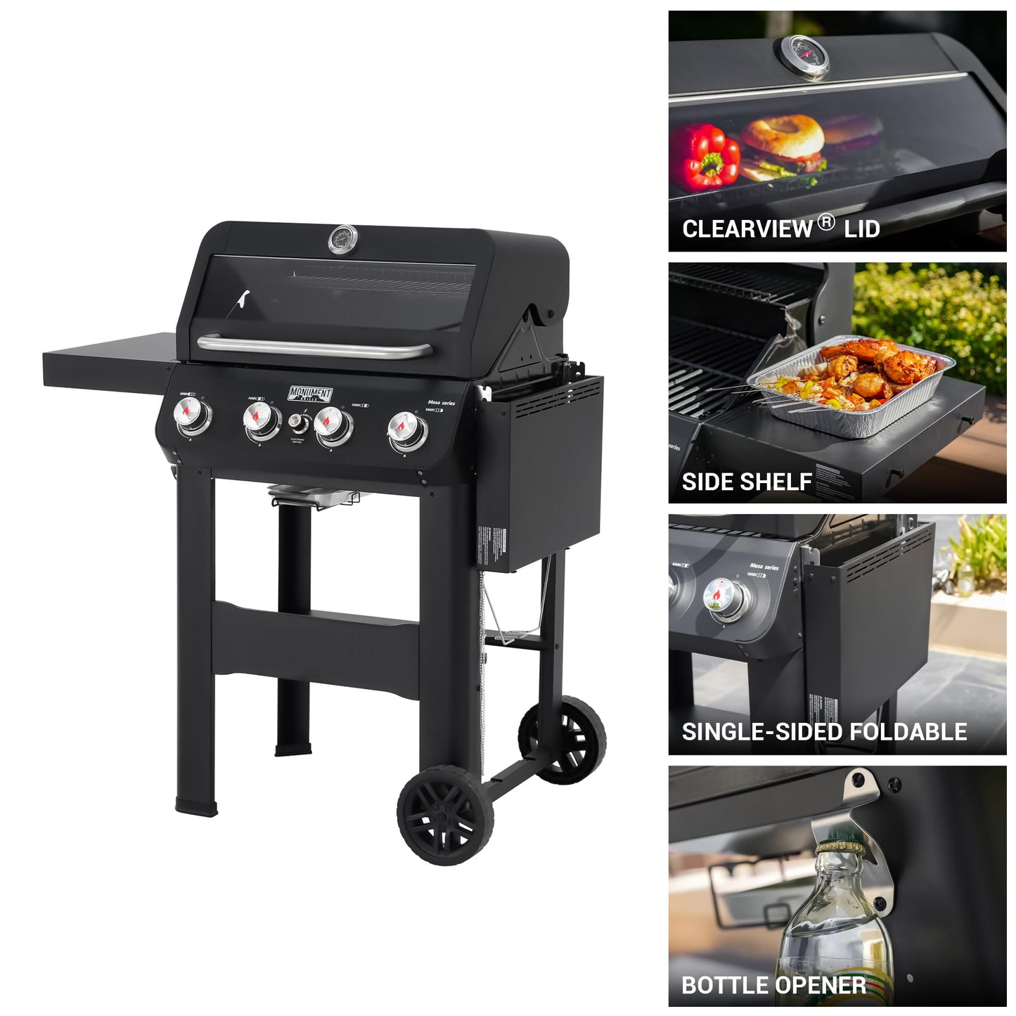 Monument Grills 4-Burner Liquid Propane Gas Grill, Black Stainless Steel Grill with Clearview® Lid and One Foldable Shelve for Outdoor Cooking Kitchen and Patio Backyard, Mesa420MF with BBQ Cover