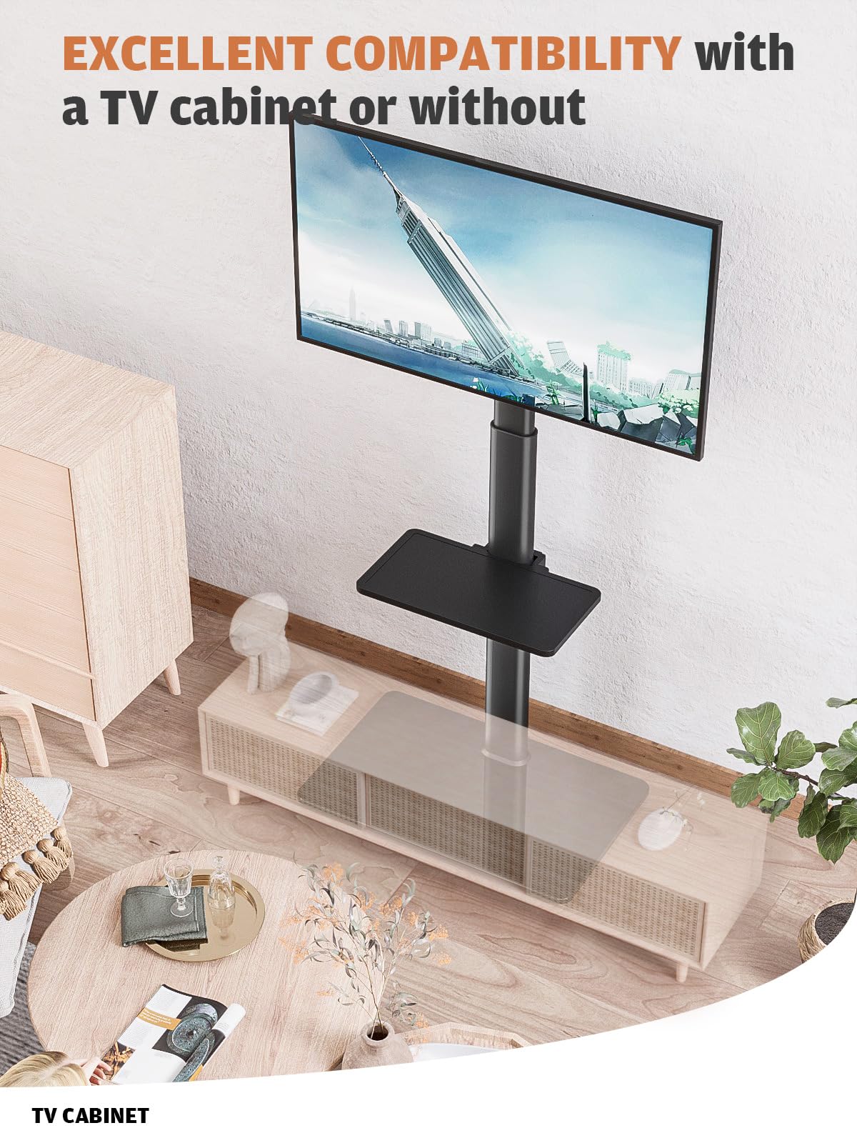 Universal Floor TV Stand with Mount 80 Degree Swivel Height Adjustable and Space Saving Design for Most 27 to 65 inch LCD, LED OLED TVs, 2 Shelves Perfect for Corner & Bedroom HT2002B Hemudu