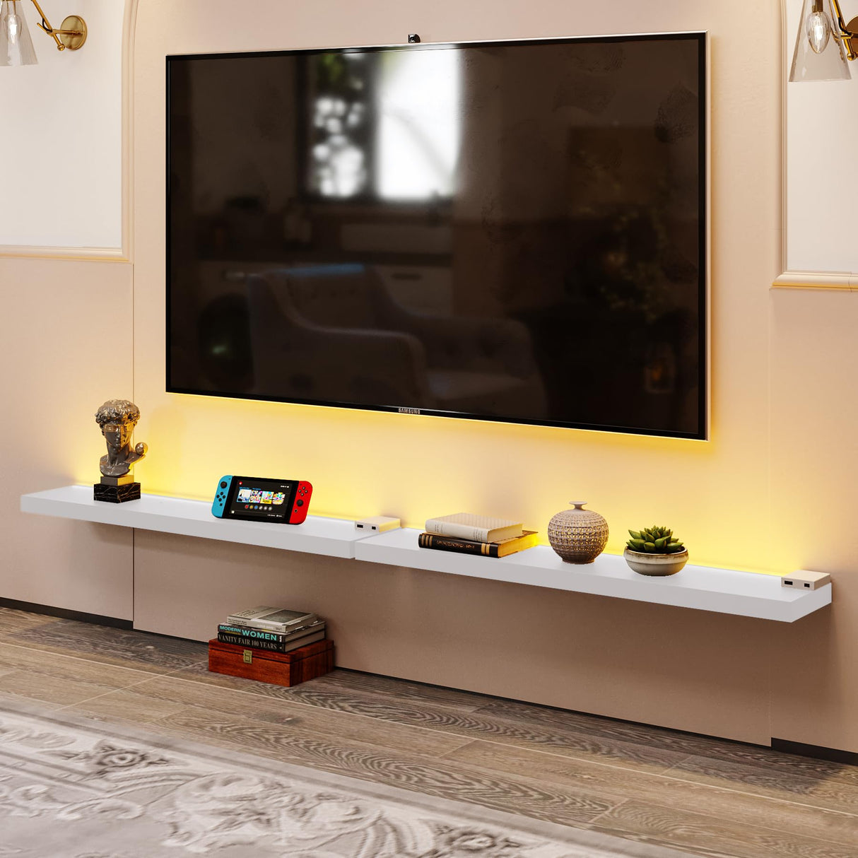 BAMEOS Floating Shelves with LED Lights, 31" White Wall Mounted Wooden Shelves with Invisible Brackets, Set of 2, Hanging Wall Shelves for Bedroom, Bathroom, Living Room and Kitchen Decoration BAMEOS