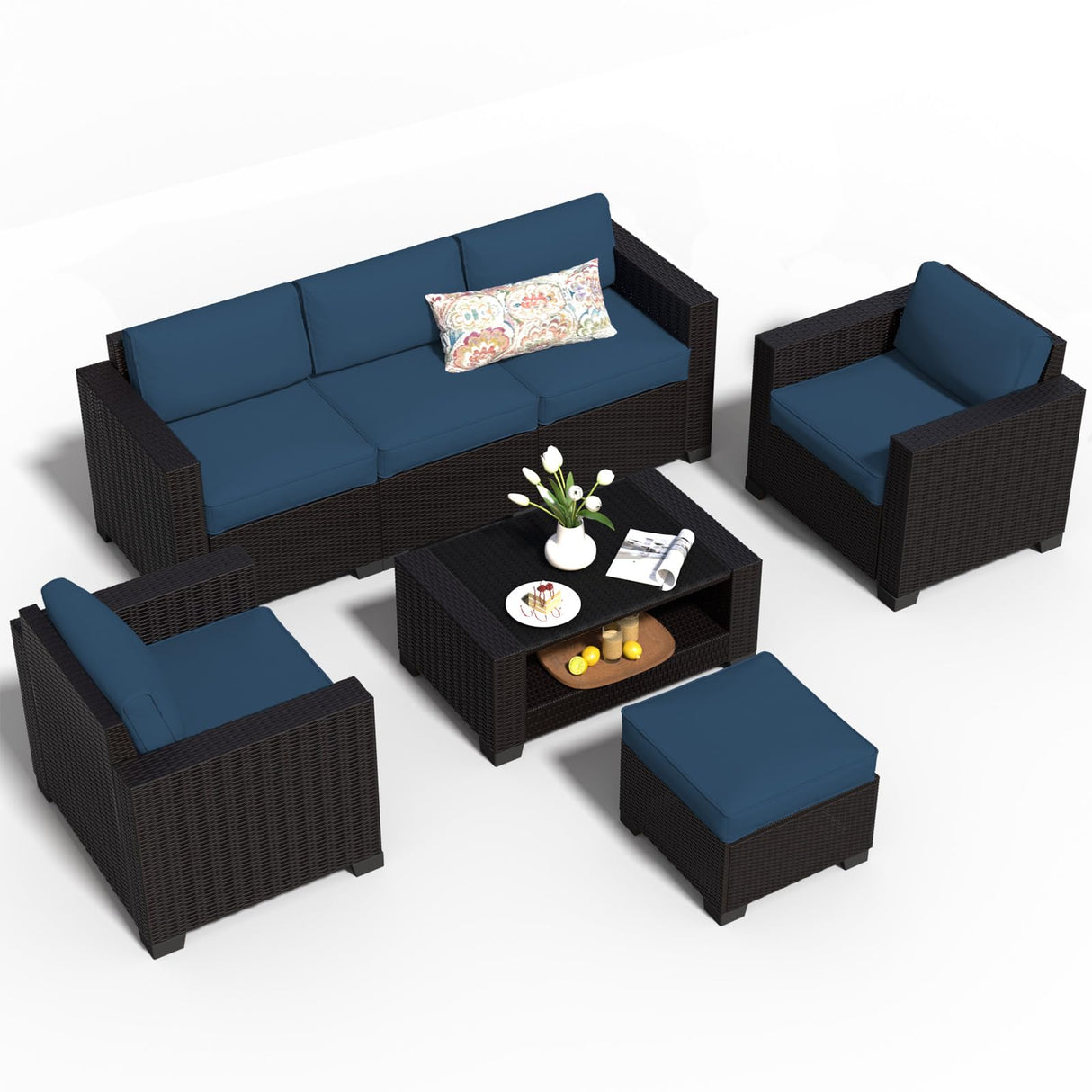 7 Piece Patio Furniture Set, Wicker Outdoor Sectional Sofa with Washable Cushion Covers and Tempered Glass Table, Rattan Conversation Set for Poolside (Black Rattan + Prussian Blue, 7 pcs) SHGJ&SOFT