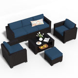 7 Piece Patio Furniture Set, Wicker Outdoor Sectional Sofa with Washable Cushion Covers and Tempered Glass Table, Rattan Conversation Set for Poolside (Black Rattan + Prussian Blue, 7 pcs) SHGJ&SOFT