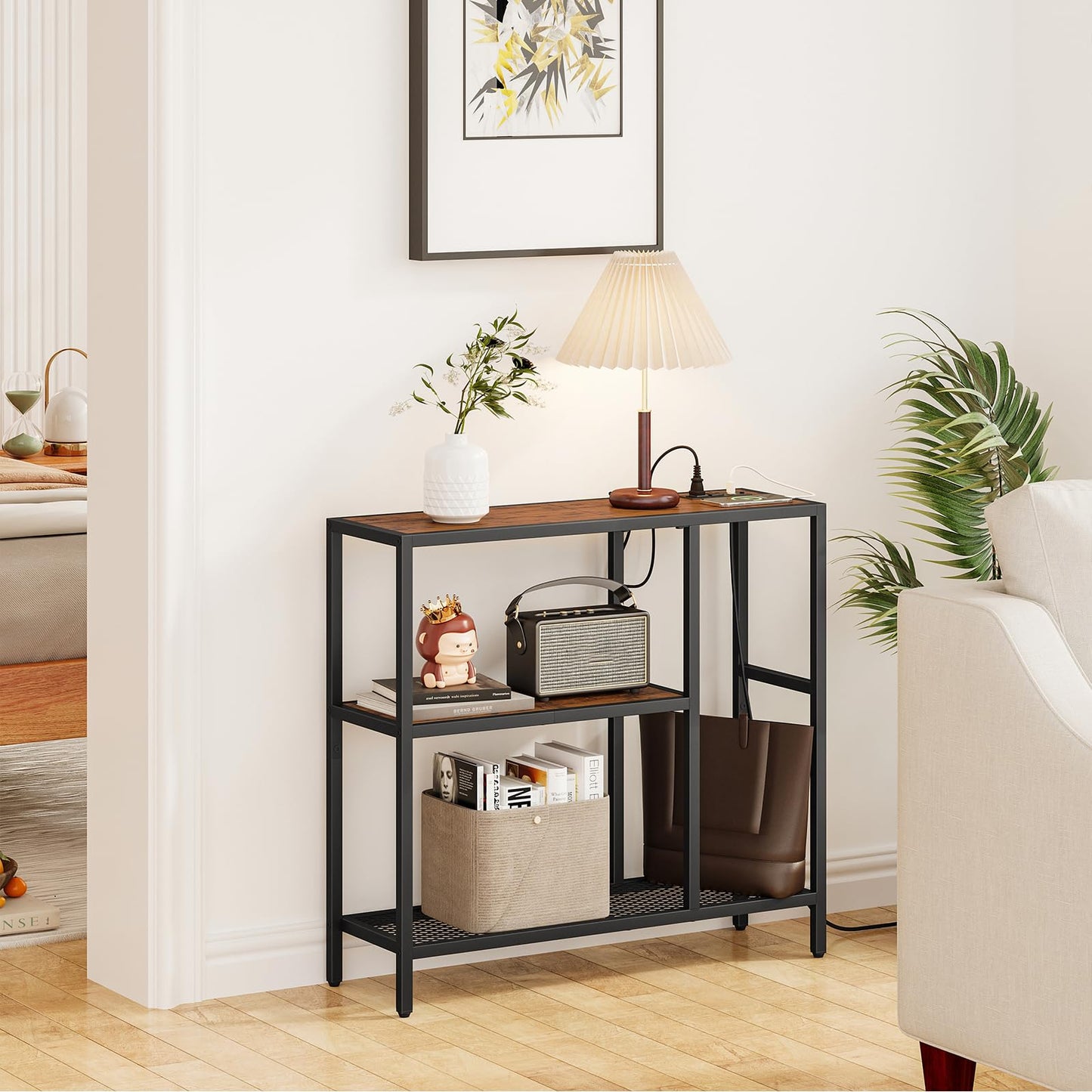 Snughome Console Table with Power Outlets, Entryway Table with Storage, Narrow Sofa Table with 3 Tier Shelves, Couch Table with USB Ports, Hallway Table for Living Room, Entrance