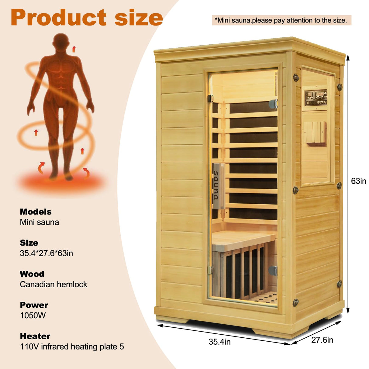 Eleopp Far Infrared Sauna Room,1 Person Indoor Side-Opening Home Sauna Canadian Hemlock Wood Infrared Dry Sauna 1050W Carbon Heating Panels Infrared Home Spa for Christmas Valentine's Day Gift Eleopp