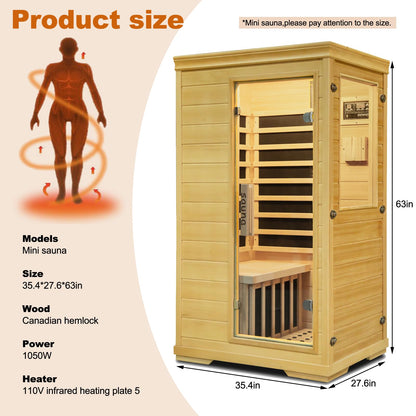 Eleopp Far Infrared Sauna Room,1 Person Indoor Side-Opening Home Sauna Canadian Hemlock Wood Infrared Dry Sauna 1050W Carbon Heating Panels Infrared Home Spa for Christmas Valentine's Day Gift