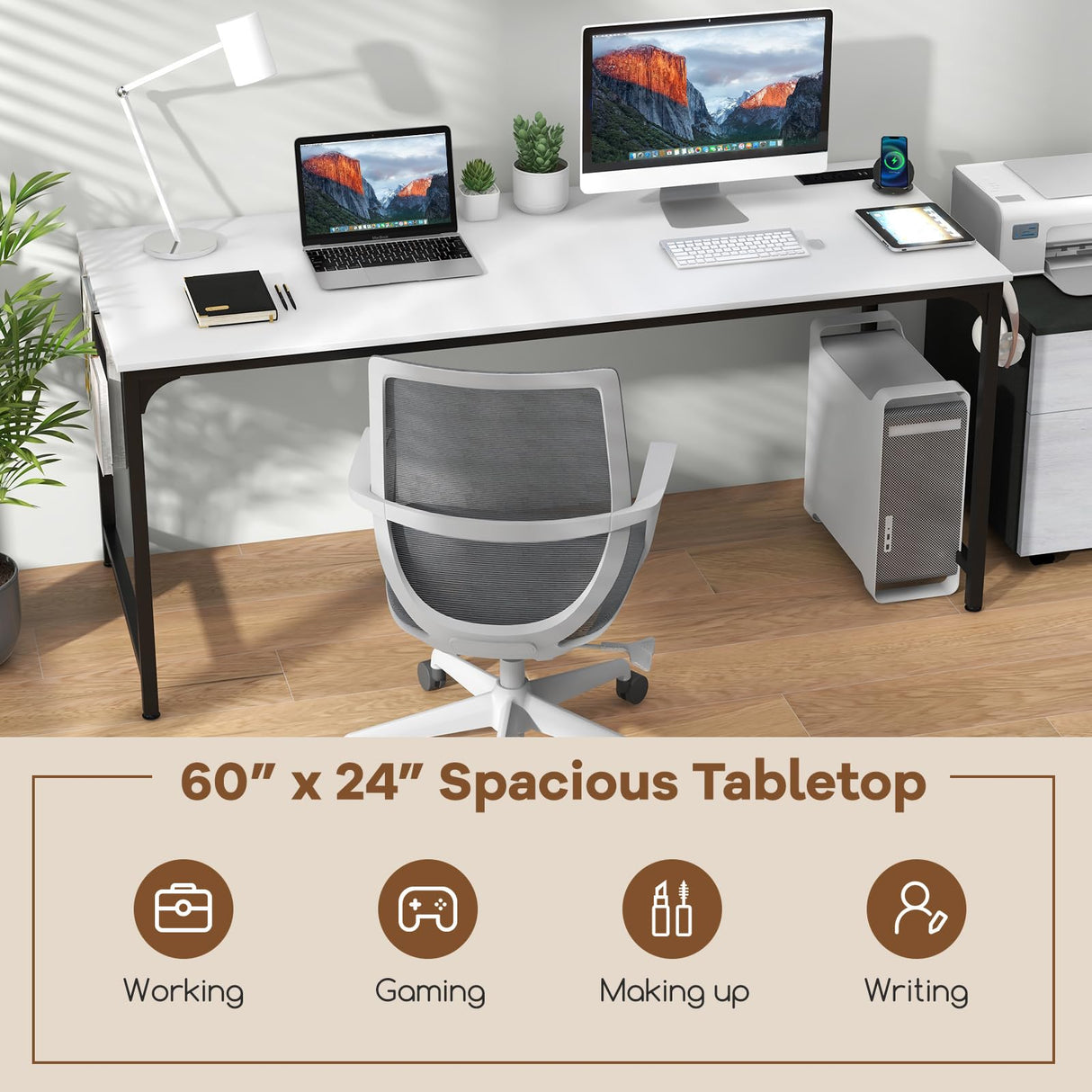 Tangkula 60" Conference Desk Set of 4, Modern Boardroom Desk with Storage Bag, Headphone Hook, Sturdy Metal Frame, Rectangular Seminar Table with Charging Station Tangkula