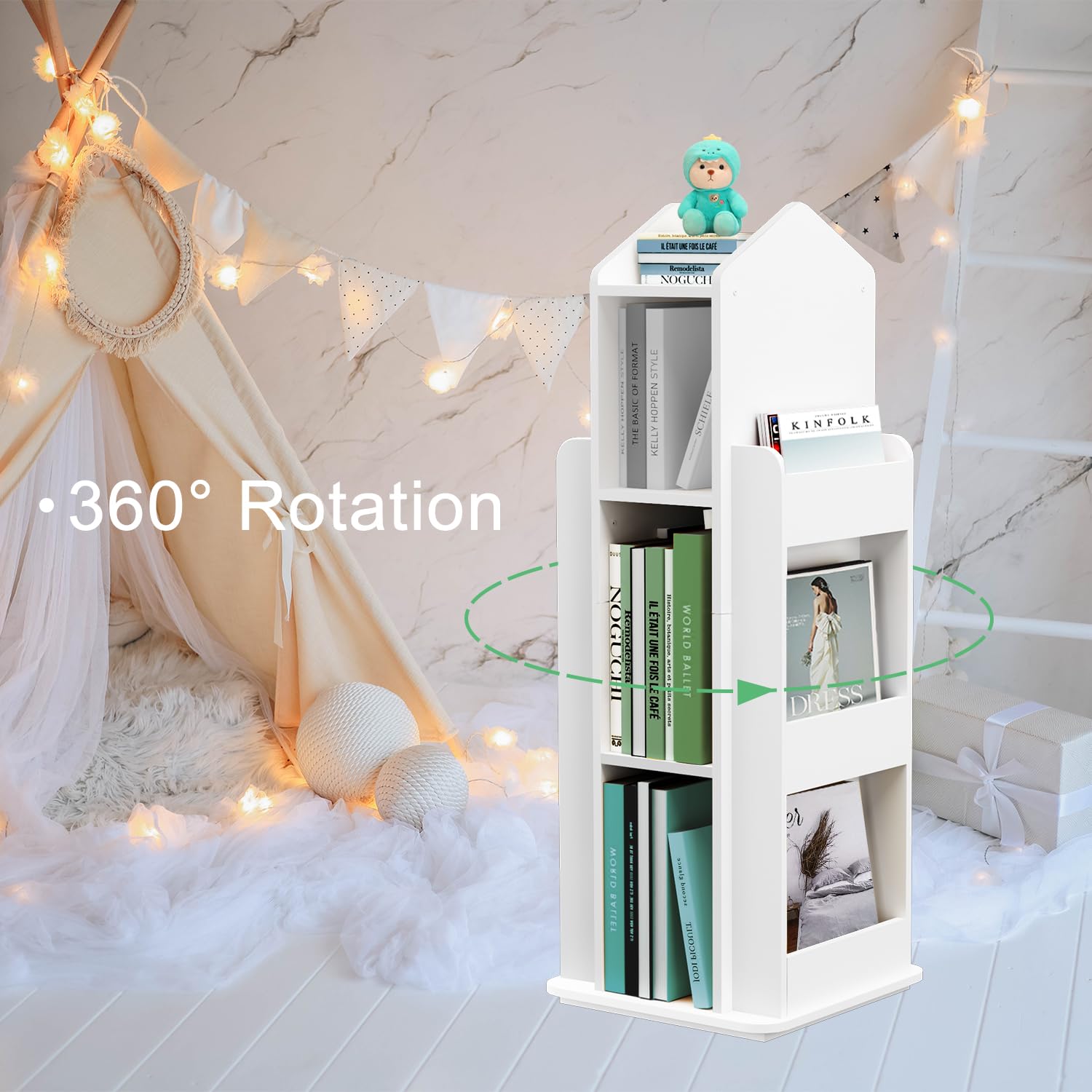 MYOYAY 360° Rotating White Kids Bookshelf - 3 Tier Floor Standing Bookcase for Home - WoodArtSupply