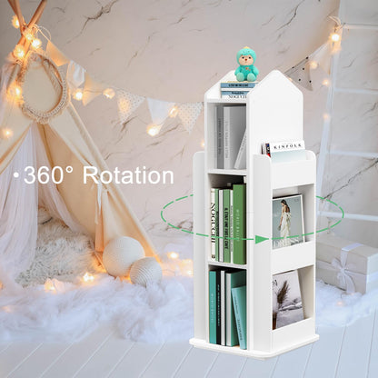 MYOYAY 360° Rotating White Kids Bookshelf - 3 Tier Floor Standing Bookcase for Home - WoodArtSupply