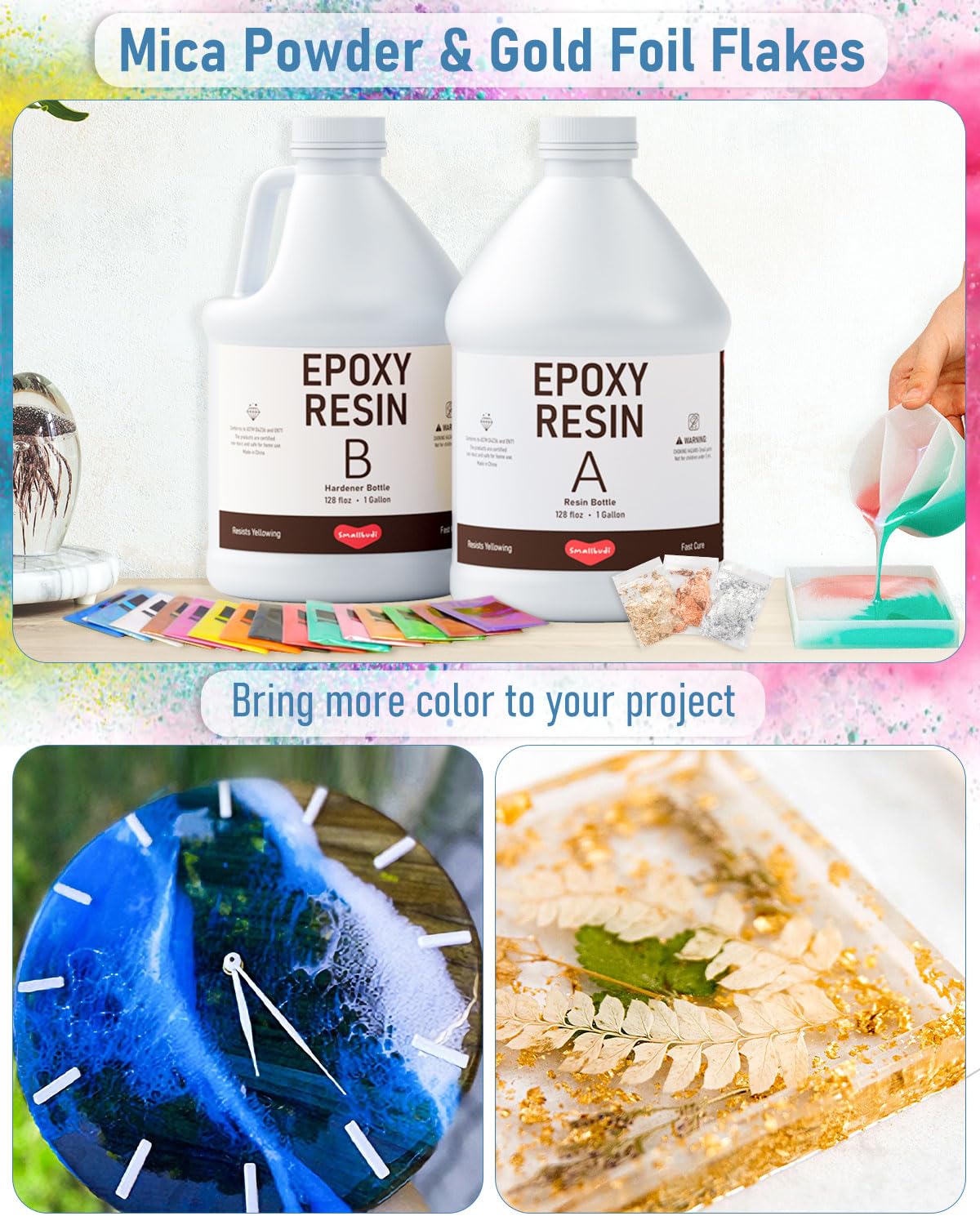 Smallbudi 4 Gallon Epoxy Resin Kit for Beginners, Resin Kit with 72 Mica Powder, Foil Flakes, Measuring Cups, Sticks - Resin Epoxy for Casting, Coating, Art Craft, River Table, DIY Resin Coasters Smallbudi