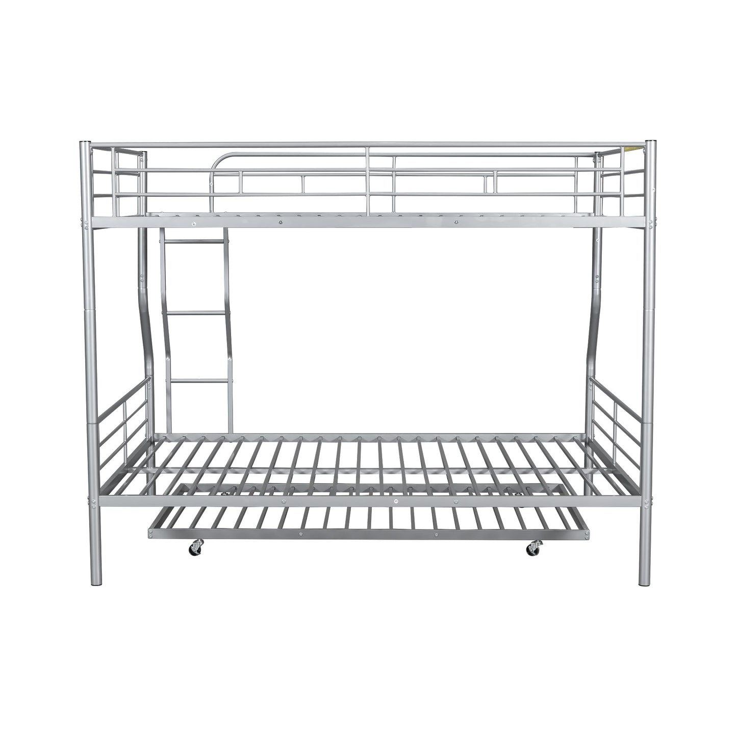 Harper & Bright Designs Full XL Over Queen Metal Bunk Bed with Trundle, Ladder & High Guardrail, Able to Split, Noise Free, Heavy-Duty Steel Loft Bed Frame with Safety Rail for Bedroom, Dorm (Silver)