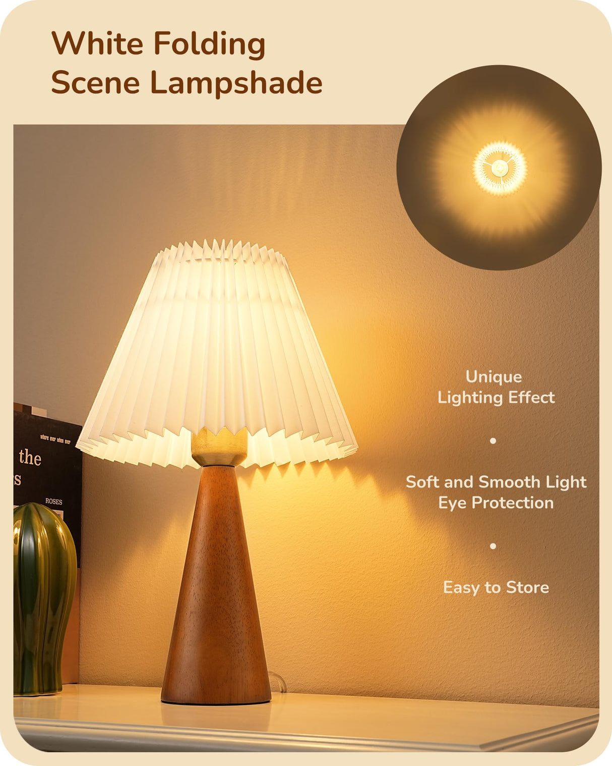EDISHINE 13.58" Small Table Lamp, Wooden Base Nightstand Lamp, White Pleated Lampshade, Space-Saving Modern Bedside Lamp for Nursery Kids Room Bedroom Living Room, E26, ON-Off Button, Dark Rosewood EDISHINE