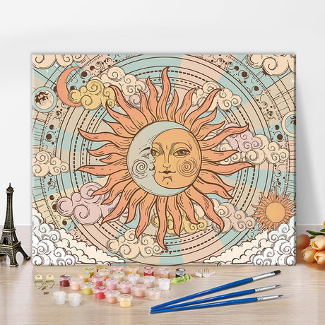 Sun and Moon with Face Paint by Numbers Kit for Adults Color Vintage Mystical Astrology Poster Paint by Number with Brushes and Pigment, Tarot Banner Oil Painting, 16x20 Inch TUMOVO