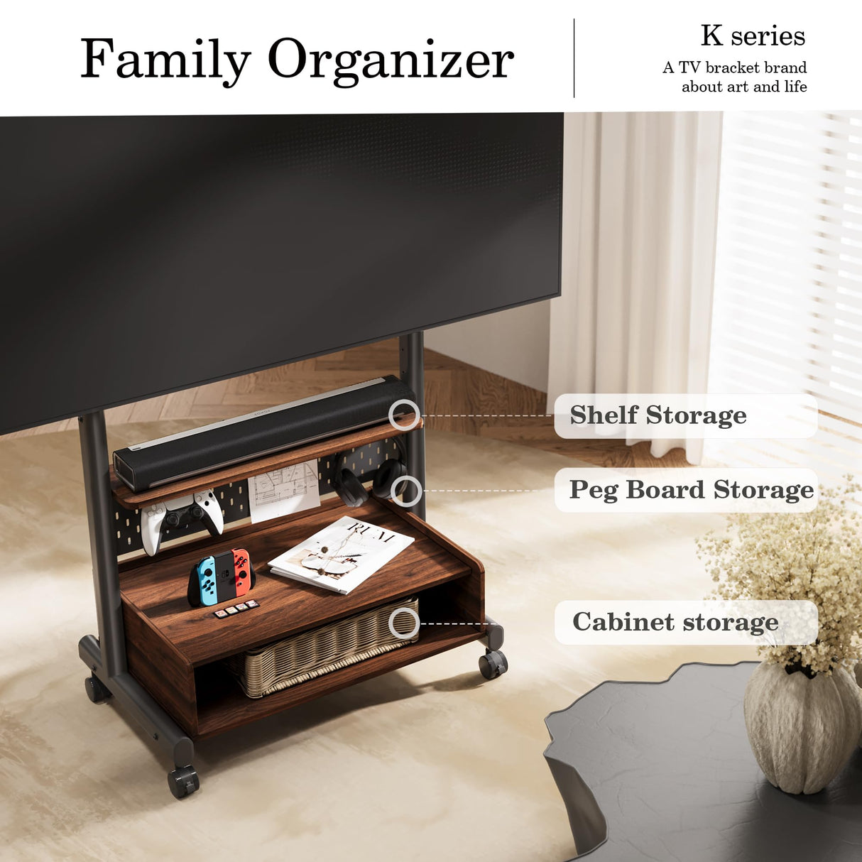 FITUEYES Rolling Floor TV Stand Mount for 40-85 Inch Large LCD/LED TVs TV Cart Heavy Duty Hold Up to 132 lbs Mobile Corner Stand with Mount for LCD/LED Flat Curved Screens with Wooden Large Storage FITUEYES