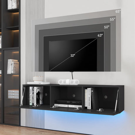 HOMMPA Floating TV Stand with LED Lights for TVs up to 65 Inch, Wall Mounted Entertainment Center with Storage, Modern High Glossy Media Console for Living Room, Bedroom, Black HOMMPA