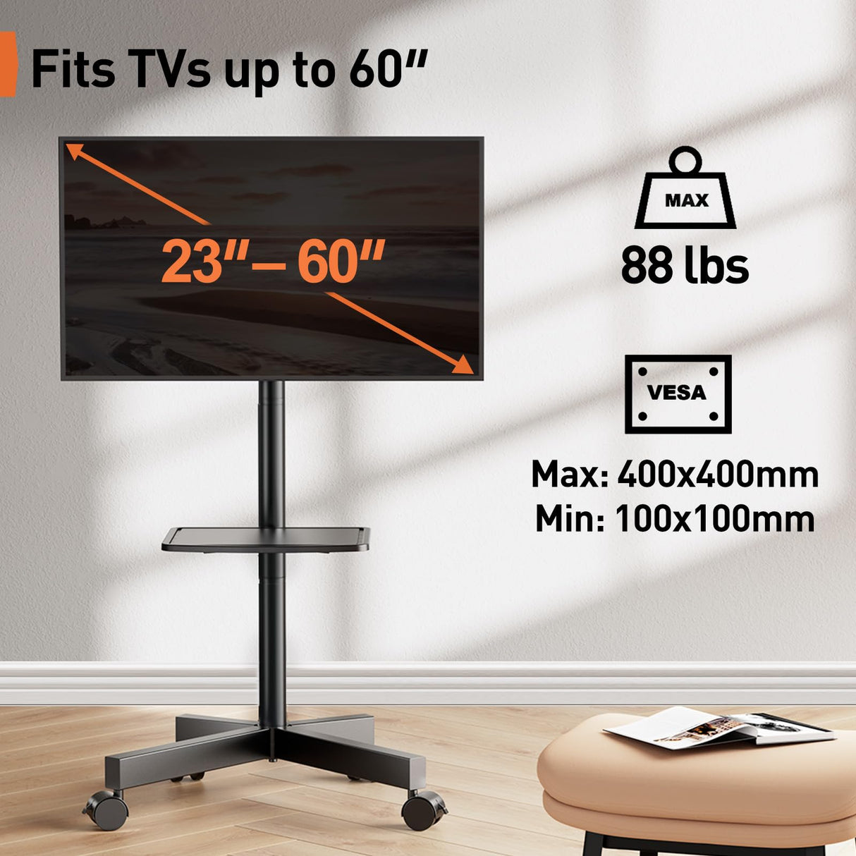 Perlegear Rolling TV Stand for 23-60 Inch LED Flat Screen/Curved TVs up to 88lbs,Mobile TV Stand Wheels with Height Adjustable Portable Rolling TV Cart Max VESA 400x400mm PGTVMC06 Perlegear