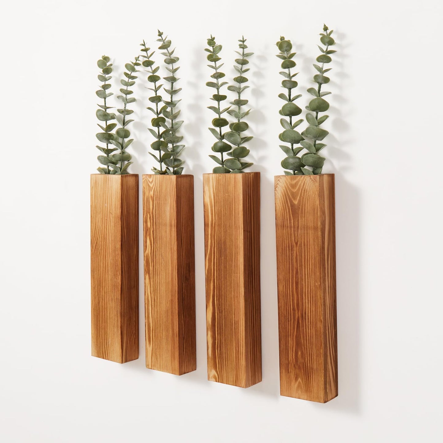 Mokof Wood Wall Planters with Artificial Eucalyptus, Modern Farmhouse Wall Decor for Living Room, Bedroom, Bathroom, Wooden Pocket Hanging Wall Vase with Faux Plant Decor (4 Pack) - WoodArtSupply