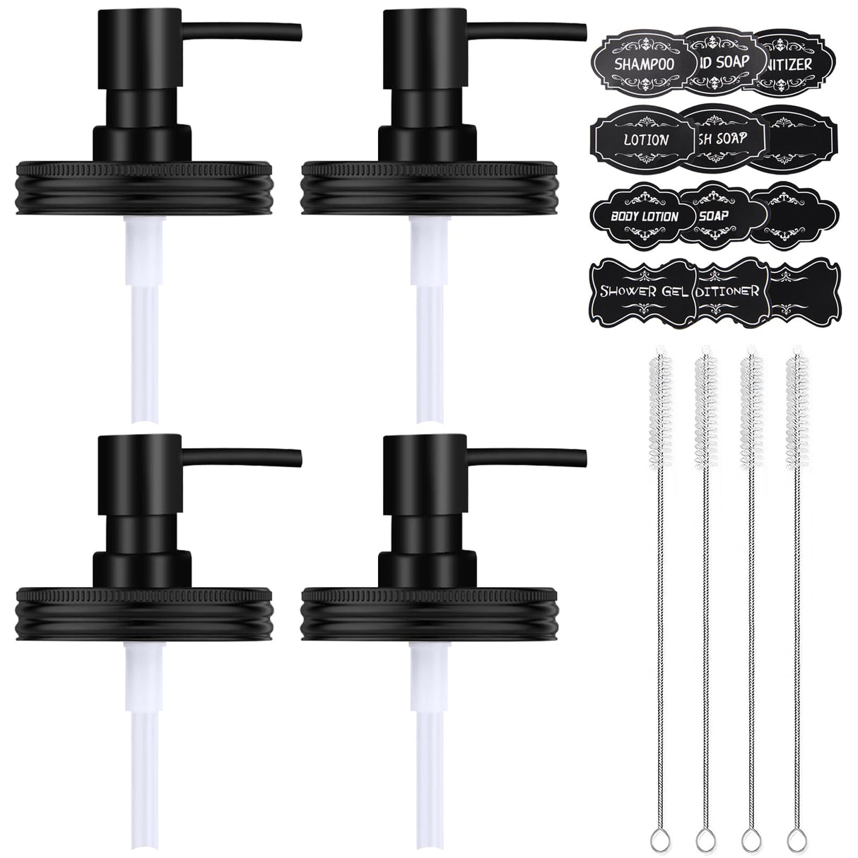 Watsango Mason Jar Soap Dispenser Set, Rustproof Plastic Lotion Pump and Lids Accessories for Regular Mouth Mason Jar and Farmhouse Kitchen Counter Decor- 4 Pack Black Watsango