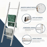 5-Tier Blanket Ladder Wooden, 5.3FT(63'') Blanket Quilt Holder Rack Decorative Ladder, Easy Assembly, Rustic Farmhouse Ladder Shelf for The Living Room Bedroom Bathroom Home Decor, White Wash Delywh