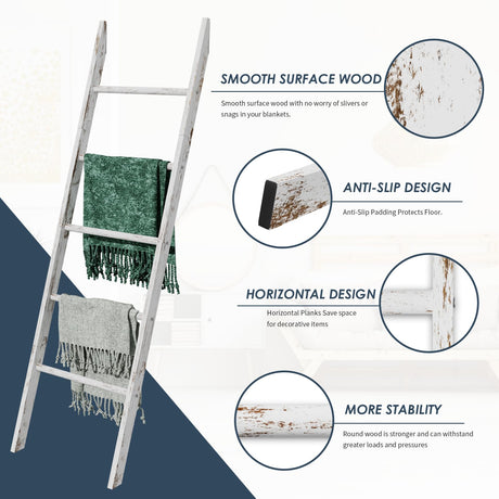 5-Tier Blanket Ladder Wooden, 5.3FT(63'') Blanket Quilt Holder Rack Decorative Ladder, Easy Assembly, Rustic Farmhouse Ladder Shelf for The Living Room Bedroom Bathroom Home Decor, White Wash Delywh