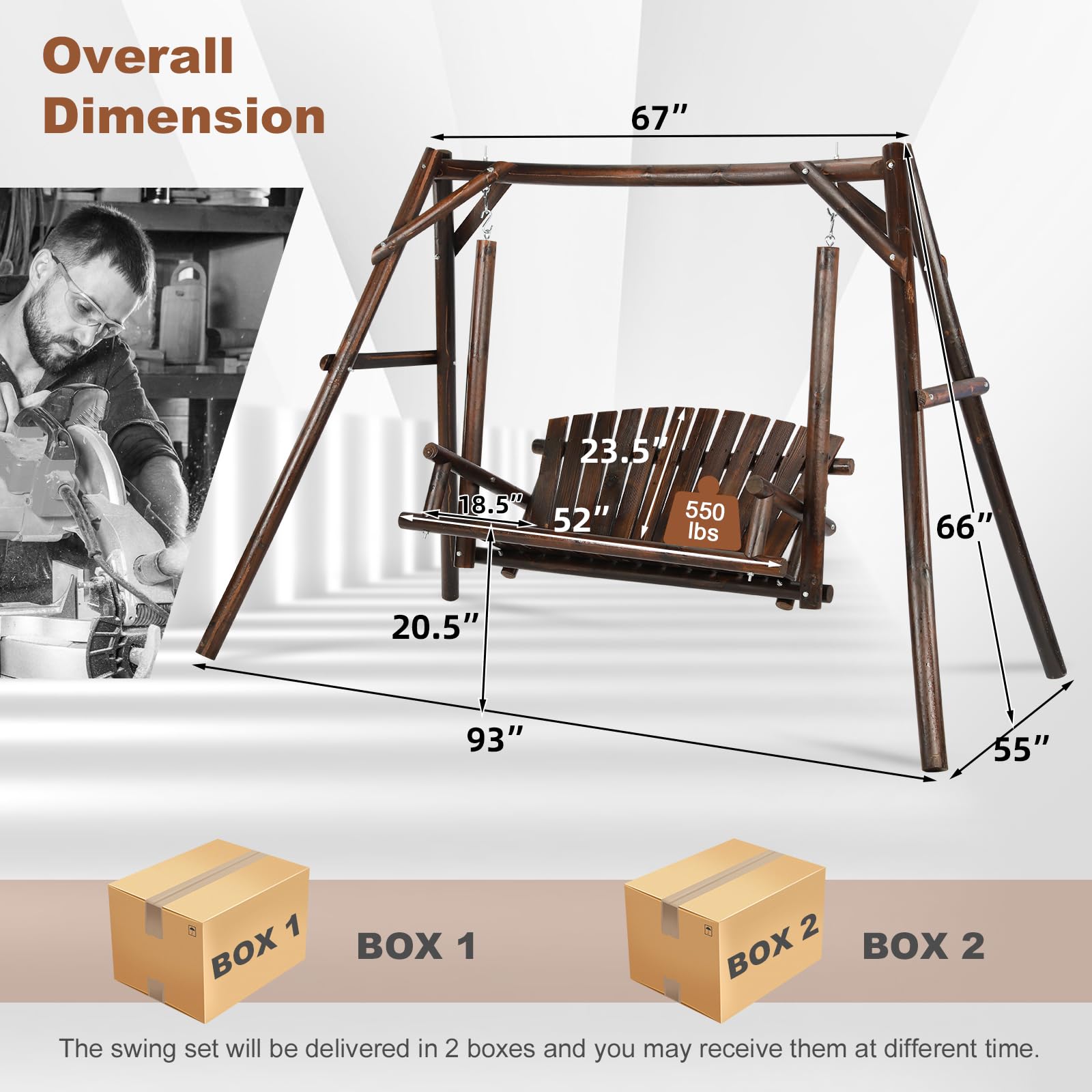 HOMEDIARY Wooden 2-Seat Porch Swing with A-Frame Stand, Outdoor Patio Swing Chair Bench w/Slatted Design, Outside Swing Bench w/550lbs High Capacity for Garden Patio Backyard Porch, Carbonize - WoodArtSupply