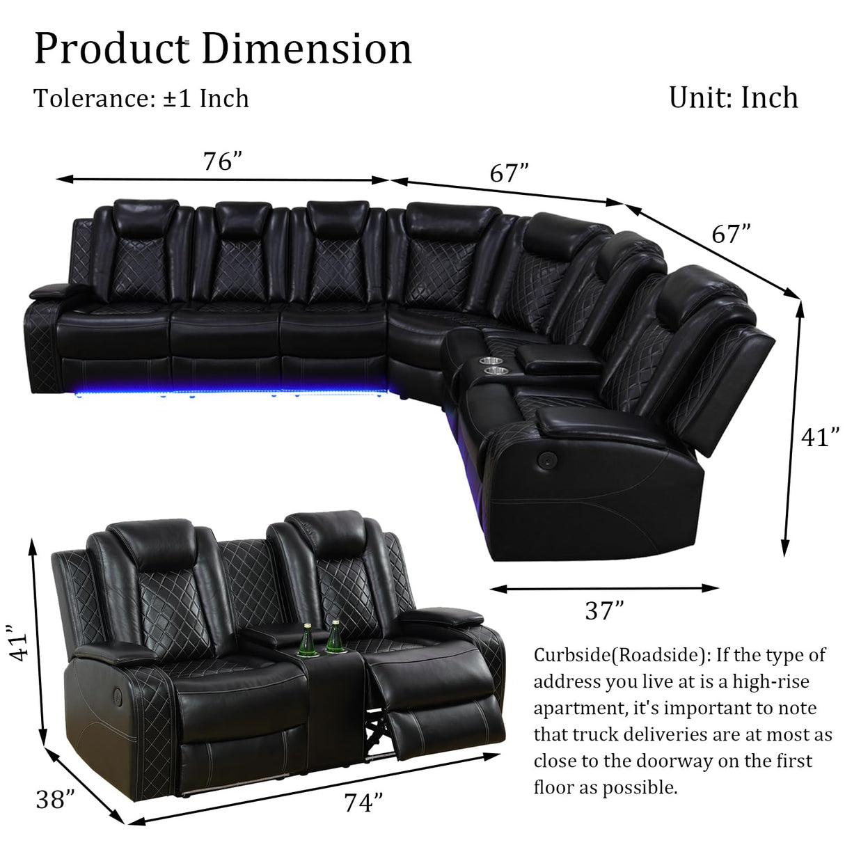 SIENWIEY Power Reclinier Sectional Sofa Set,Black Leather Reclining Sectional Modular Sofa Set with Loveseat,L Shaped Leather Couch with LED Light for Living Room/House/Apartment/Lounge(L+Loveseat) SIENWIEY