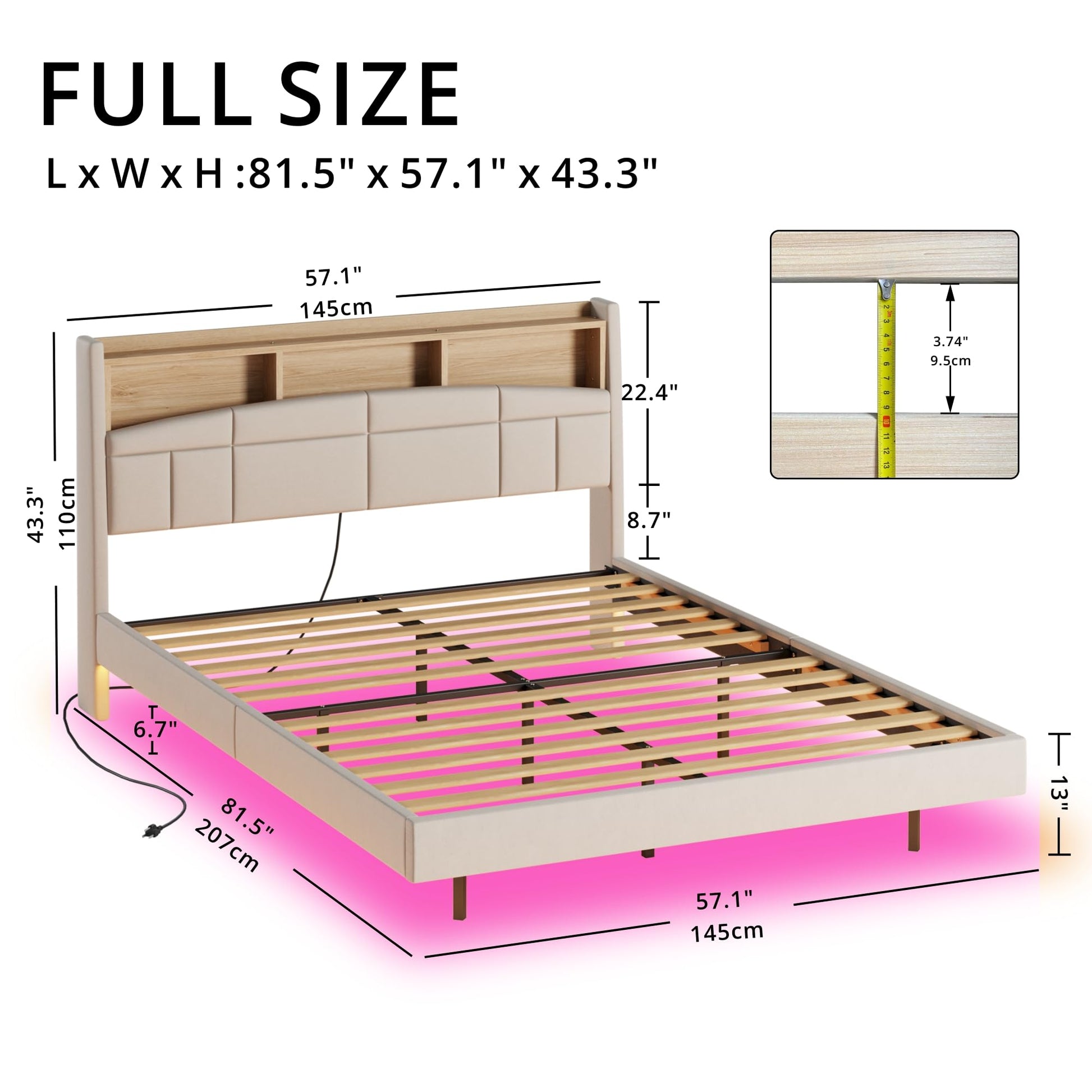 ANCTOR Full Size Floating Bed Frame with Bookcase Headboard and Charging Station - WoodArtSupply