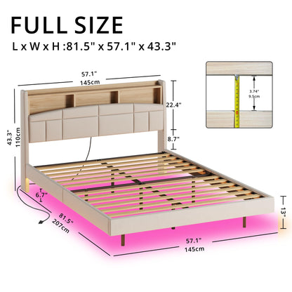 ANCTOR Full Size Floating Bed Frame with Bookcase Headboard and Charging Station - WoodArtSupply