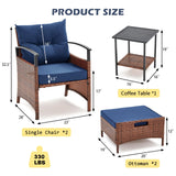 AVAWING 5 PCS Outdoor Rattan Furniture Set, Wicker Conversation Sets W/Metal Coffee Table and Soft Cushions, Patio Chairs with Ottomans for Garden, Porch, Balcony and Deck (Blue) AVAWING