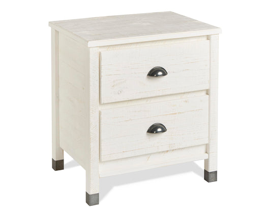 Baja Night Stand / 2 Drawer / Solid Wood / Rustic Bedside Table for Bedroom, Living Room, Sofa Couch, Hall / Metal Drawer Pulls, Shabby White - WoodArtSupply